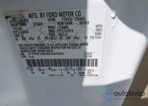 2006 Ford F150 Supercrew из США, поврежденный, VIN 1FTPW14536FA47604